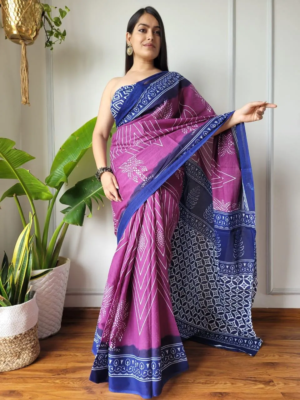 Purple Fun Hand Block Print MulMul Cotton Saree