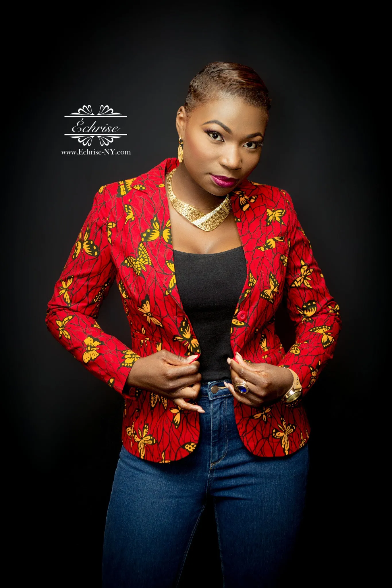 Q111 Geometric African Print Blazer - B1211 Red/Black/Yellow Butterfly