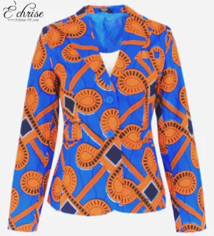 Q122 Geometric African Print Blazer - B1473 Blue & Orange