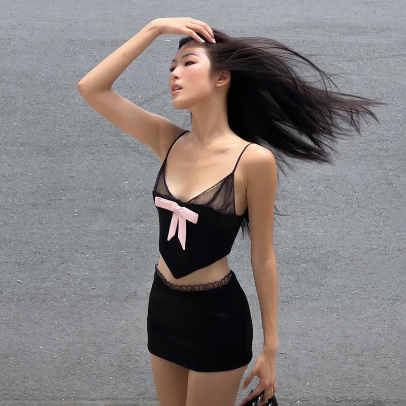 Q23ST258Sexy Hot Girl Style Lace Pink Bow Pure Black Suit Short Women's Dress Summer New