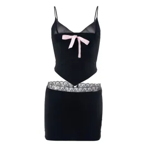 Q23ST258Sexy Hot Girl Style Lace Pink Bow Pure Black Suit Short Women's Dress Summer New