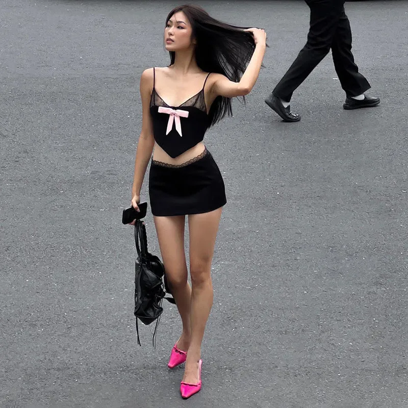 Q23ST258Sexy Hot Girl Style Lace Pink Bow Pure Black Suit Short Women's Dress Summer New