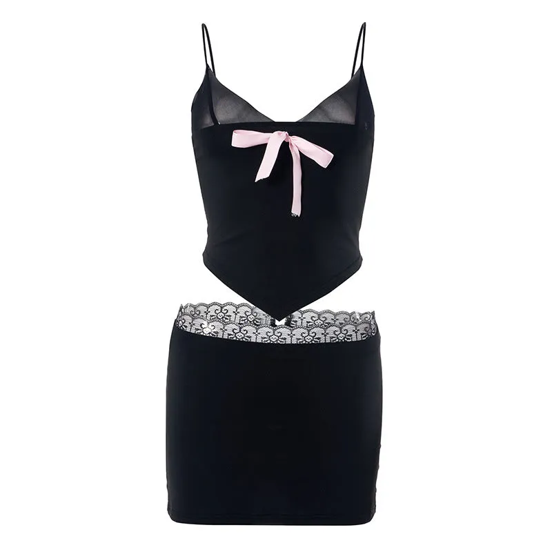 Q23ST258Sexy Hot Girl Style Lace Pink Bow Pure Black Suit Short Women's Dress Summer New