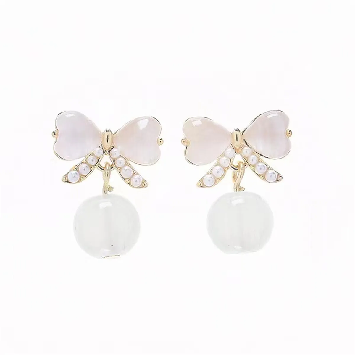 Quartz & Pearl 18K Gold-Plated Heart Bow Drop Earrings