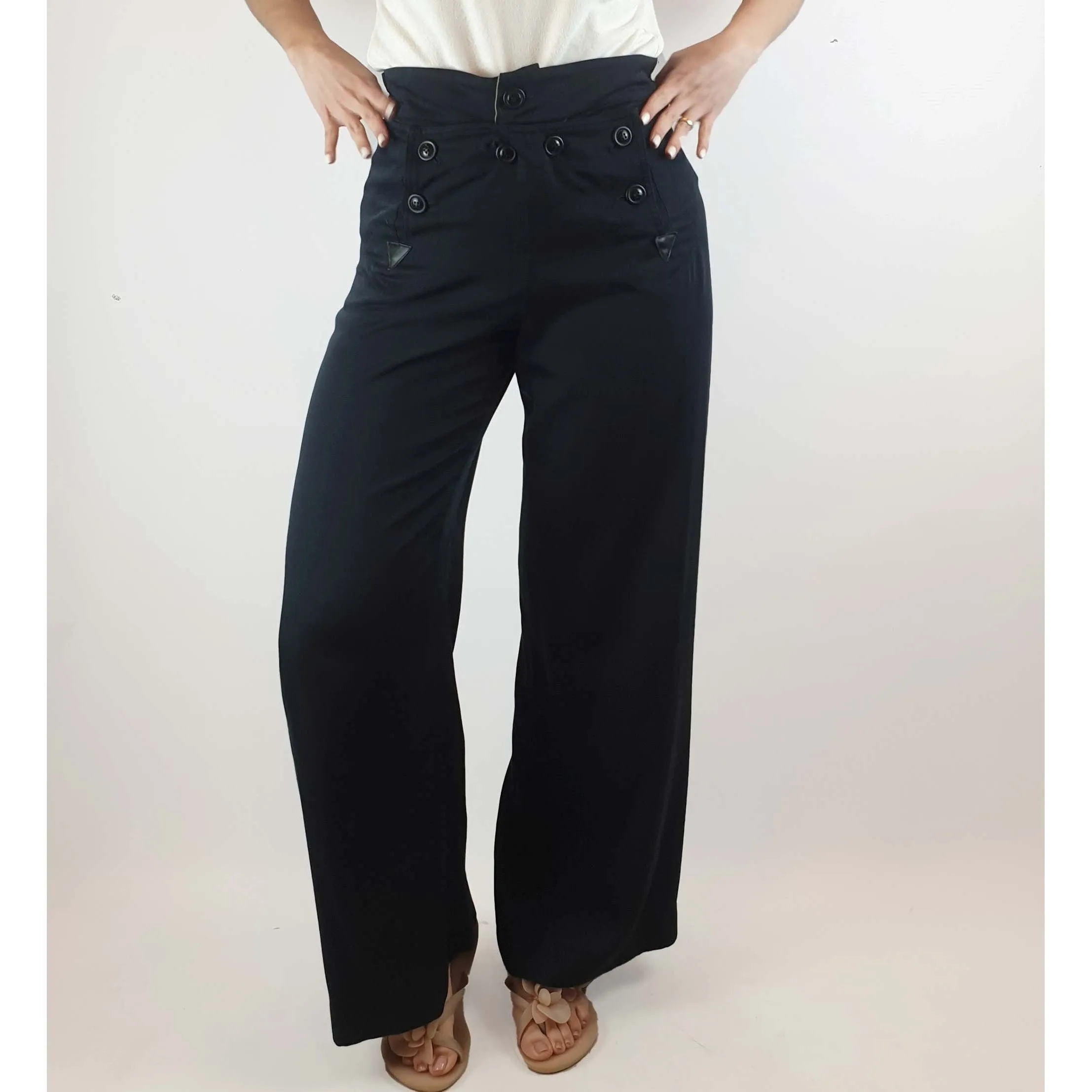 Queen black wide leg pants with fab front button panel detail size S (best fits size 10)