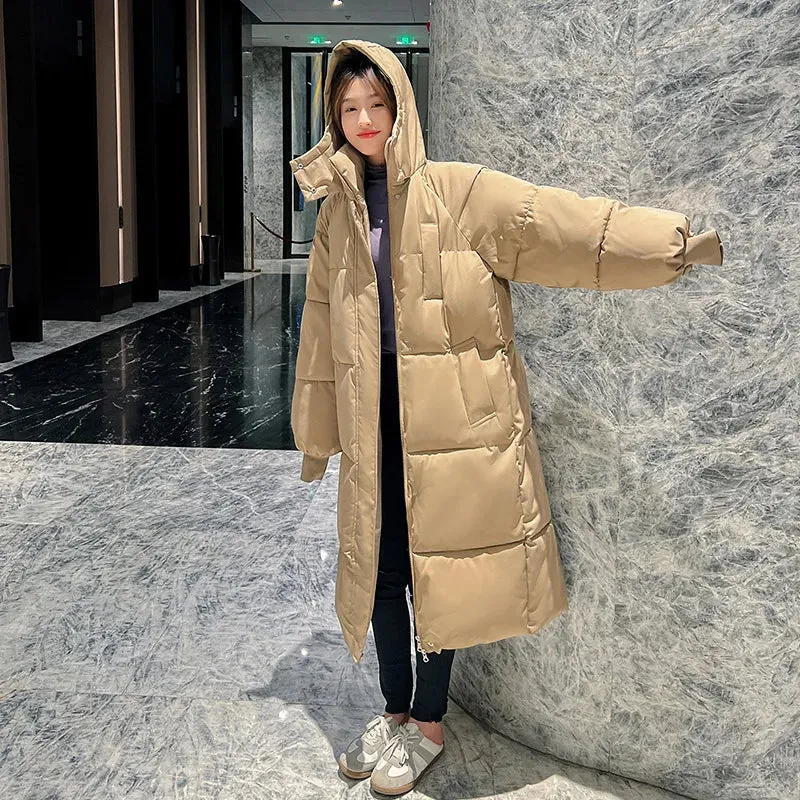 Quilted Winter Coat for Women Extra-Long Coat with Hood Thick Warm Padded Loose Winter Coat