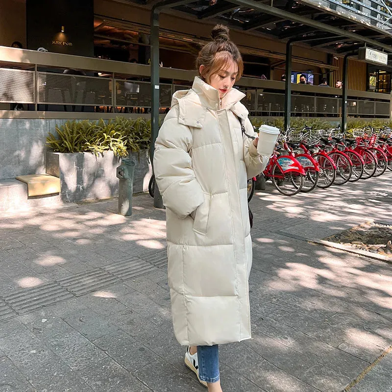 Quilted Winter Coat for Women Extra-Long Coat with Hood Thick Warm Padded Loose Winter Coat