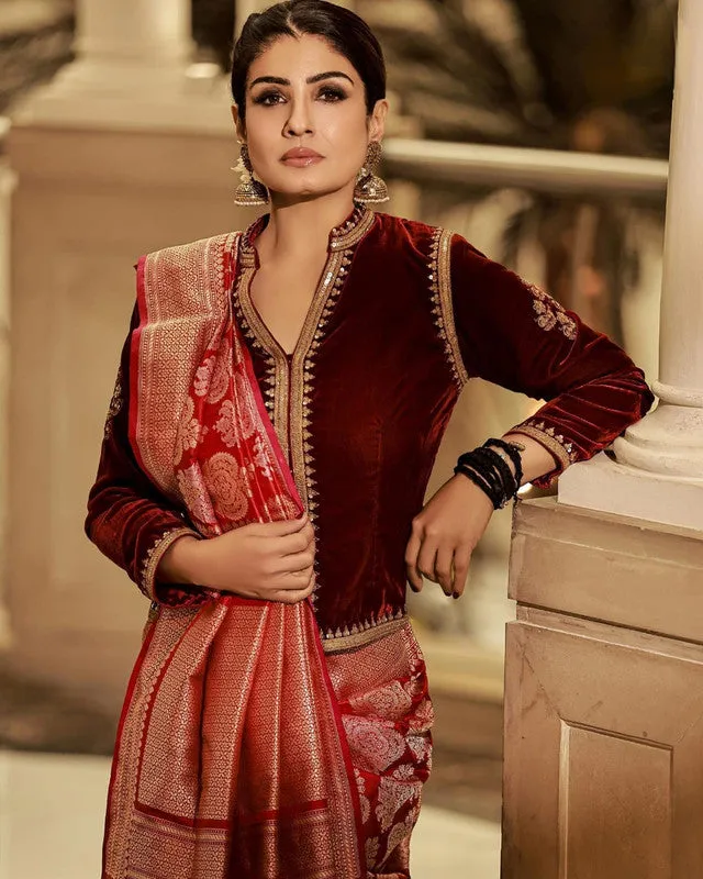 Raveena Tandon Exclusive New Banarasi Pure Katan Red Silk Saree