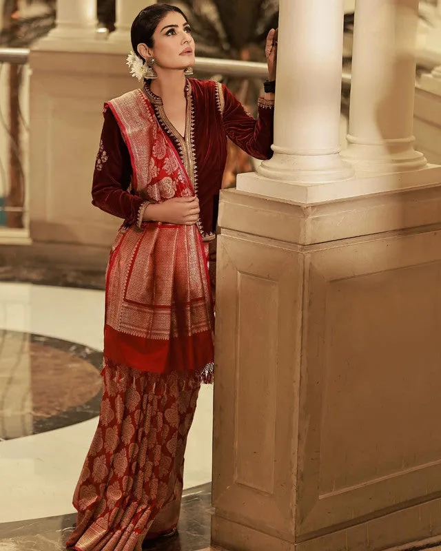 Raveena Tandon Exclusive New Banarasi Pure Katan Red Silk Saree