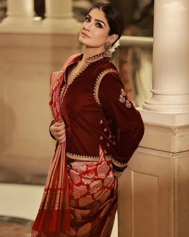 Raveena Tandon Exclusive New Banarasi Pure Katan Red Silk Saree