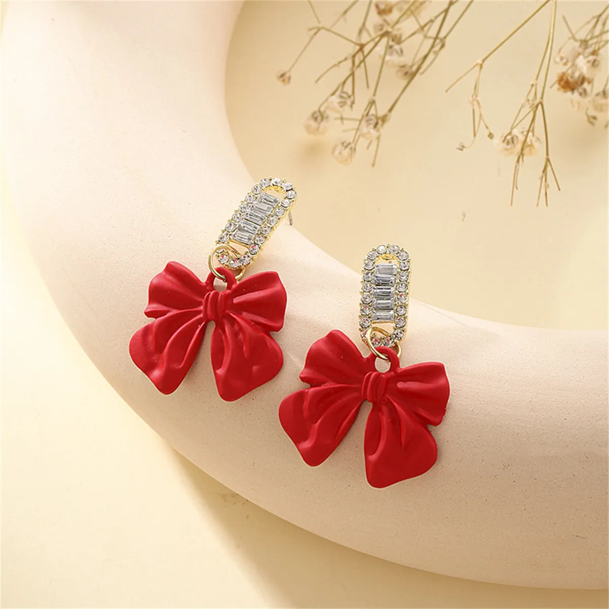 Red Acrylic & Cubic Zirconia Bow Baguette-Cut Drop Earrings