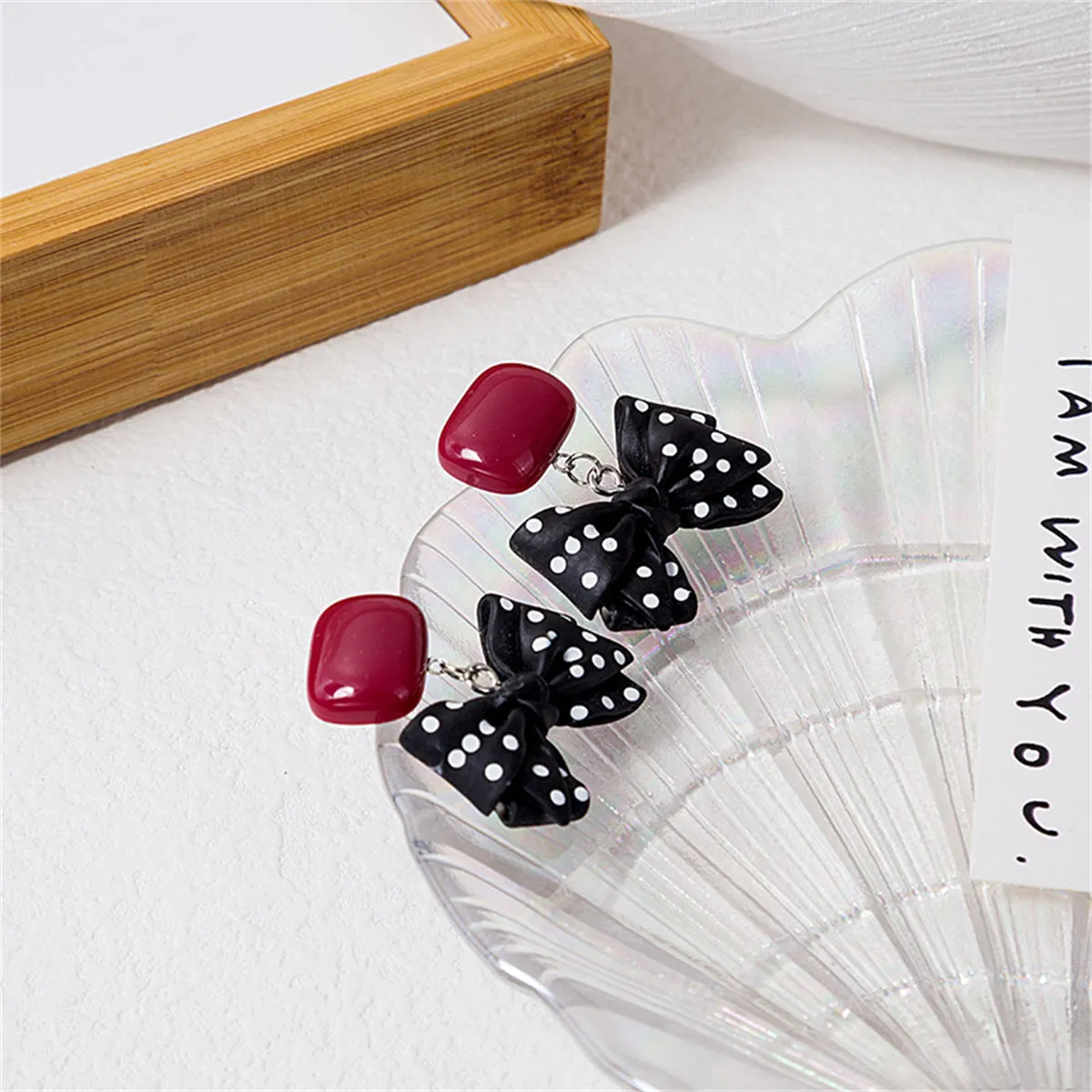 Red & Black Polka Dot Bow Drop Earrings
