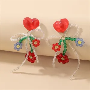 Red & Crystal Floral Bow Heart Drop Earrings