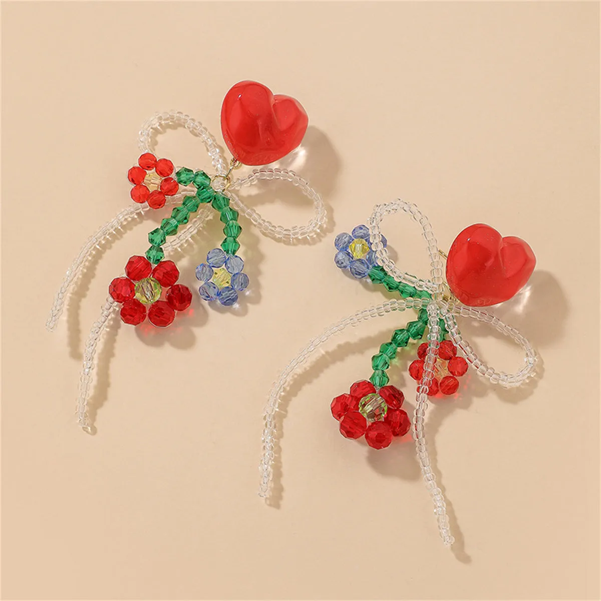 Red & Crystal Floral Bow Heart Drop Earrings
