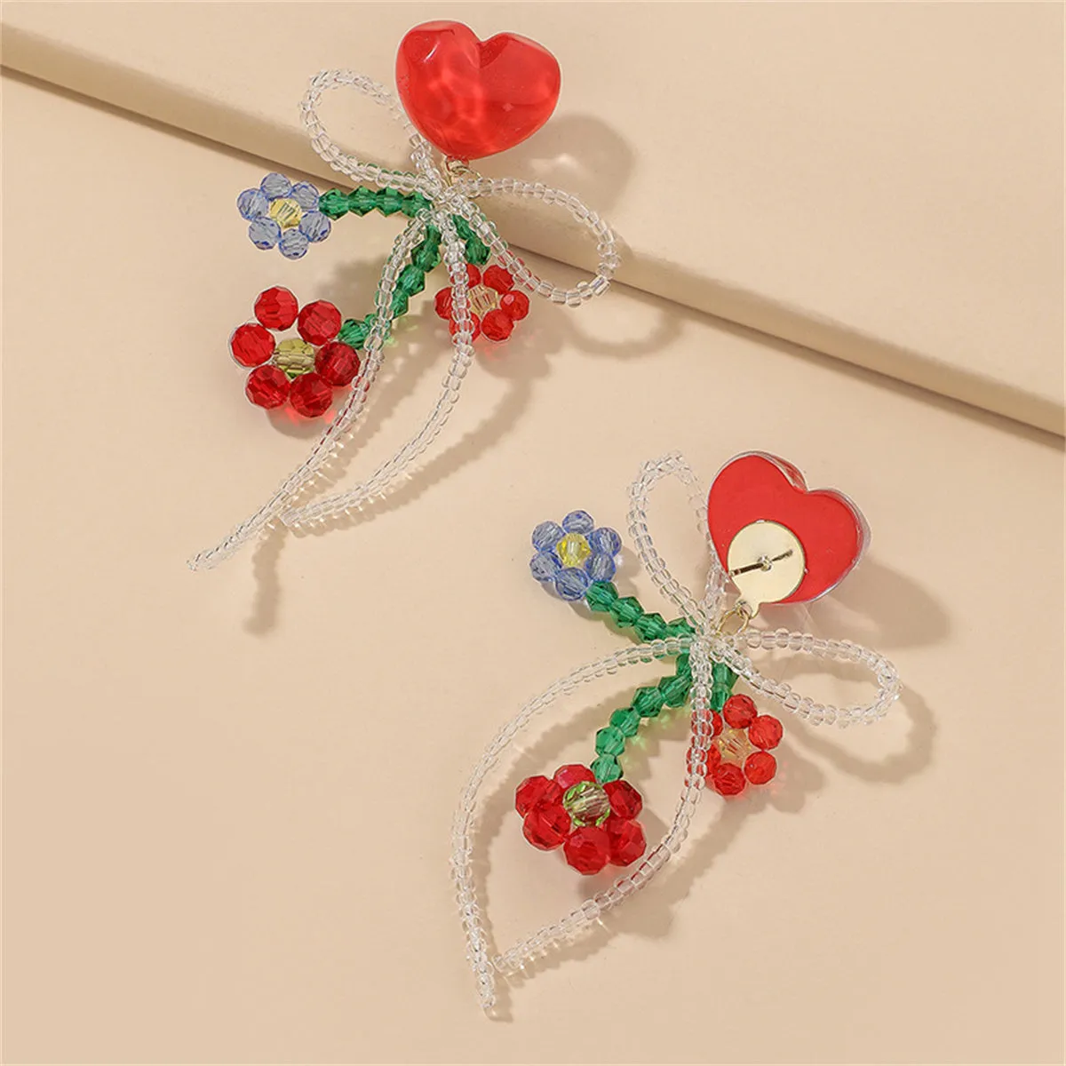 Red & Crystal Floral Bow Heart Drop Earrings