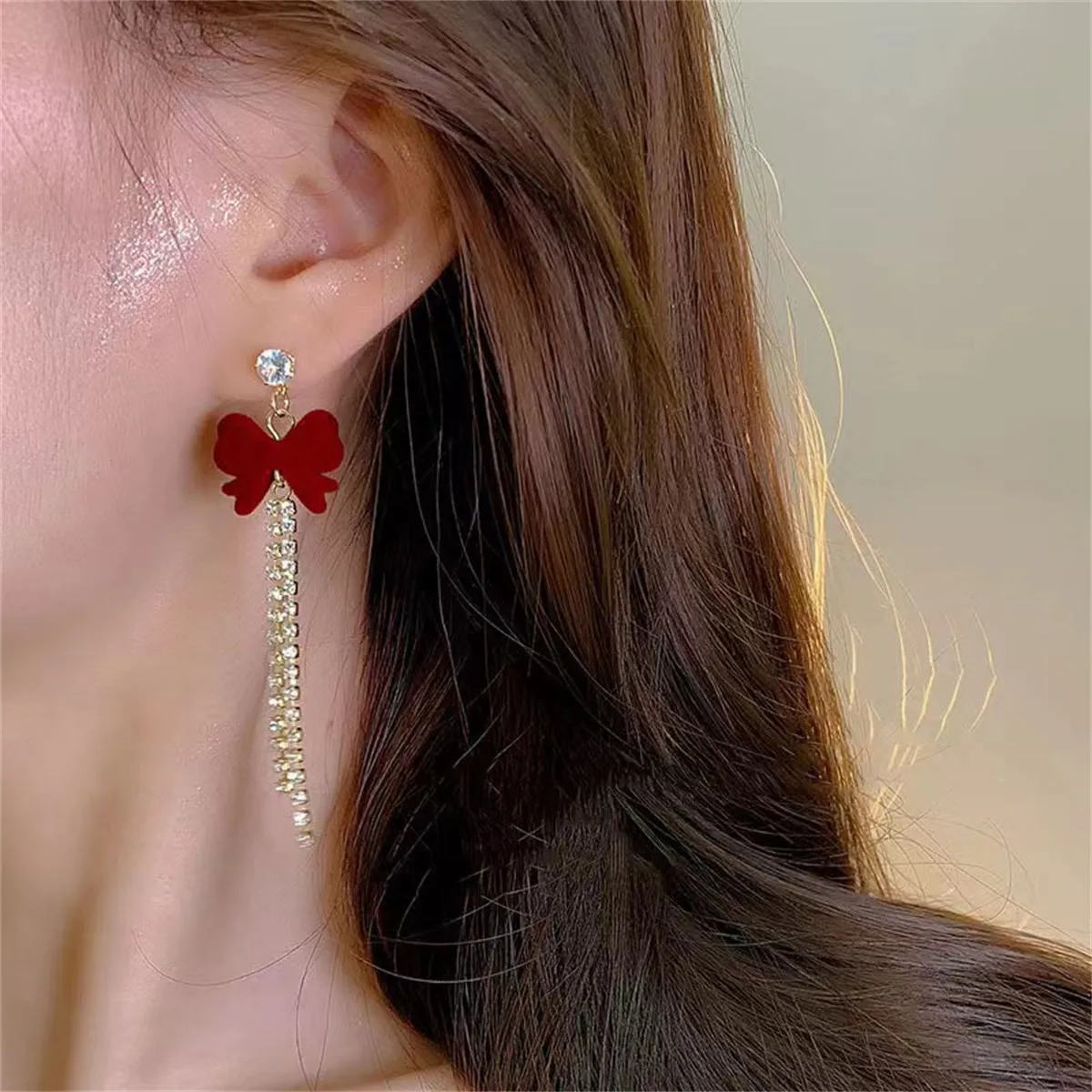 Red & Cubic Zirconia-Chain 18K Gold-Plated Bow Drop Earrings