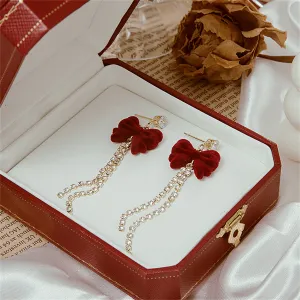 Red & Cubic Zirconia-Chain 18K Gold-Plated Bow Drop Earrings