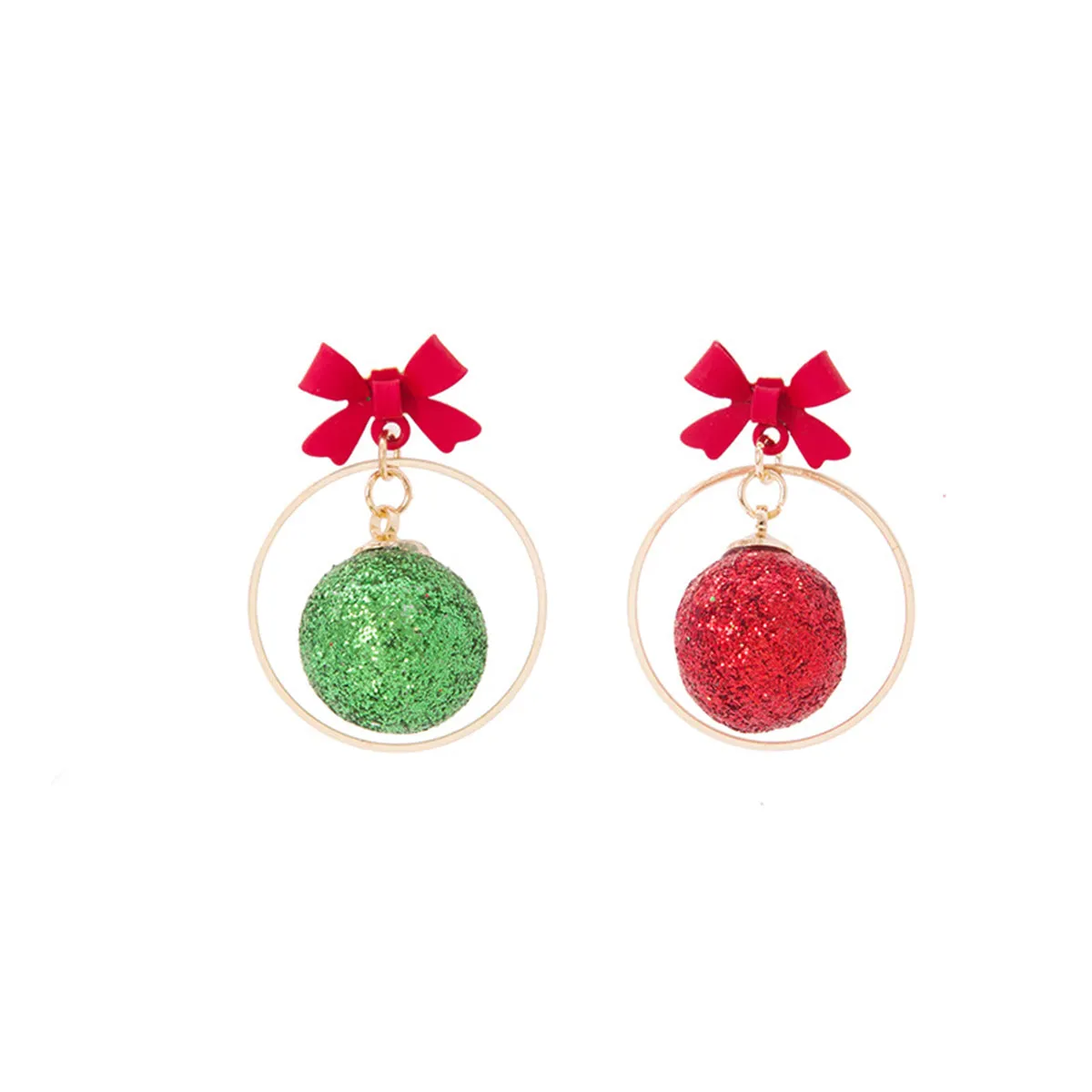 Red & Green Bow Ball Circle Mismatch Drop Earrings