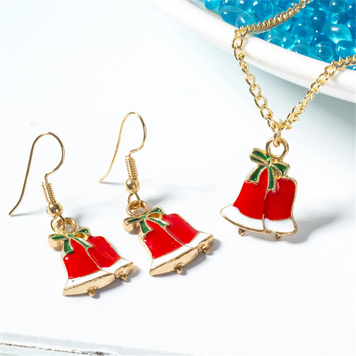 Red & Green Bow Bells Pendant Necklace Set