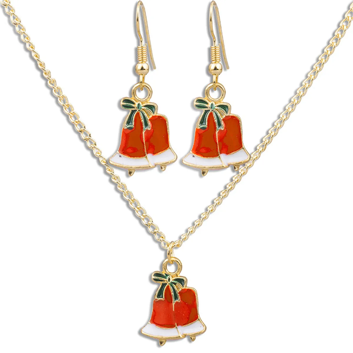 Red & Green Bow Bells Pendant Necklace Set