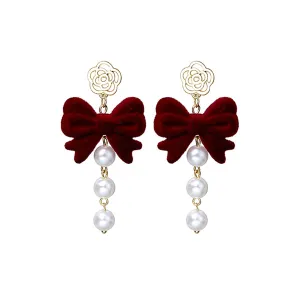 Red & Pearl 18K Gold-Plated Flower Bow Drop Earrings