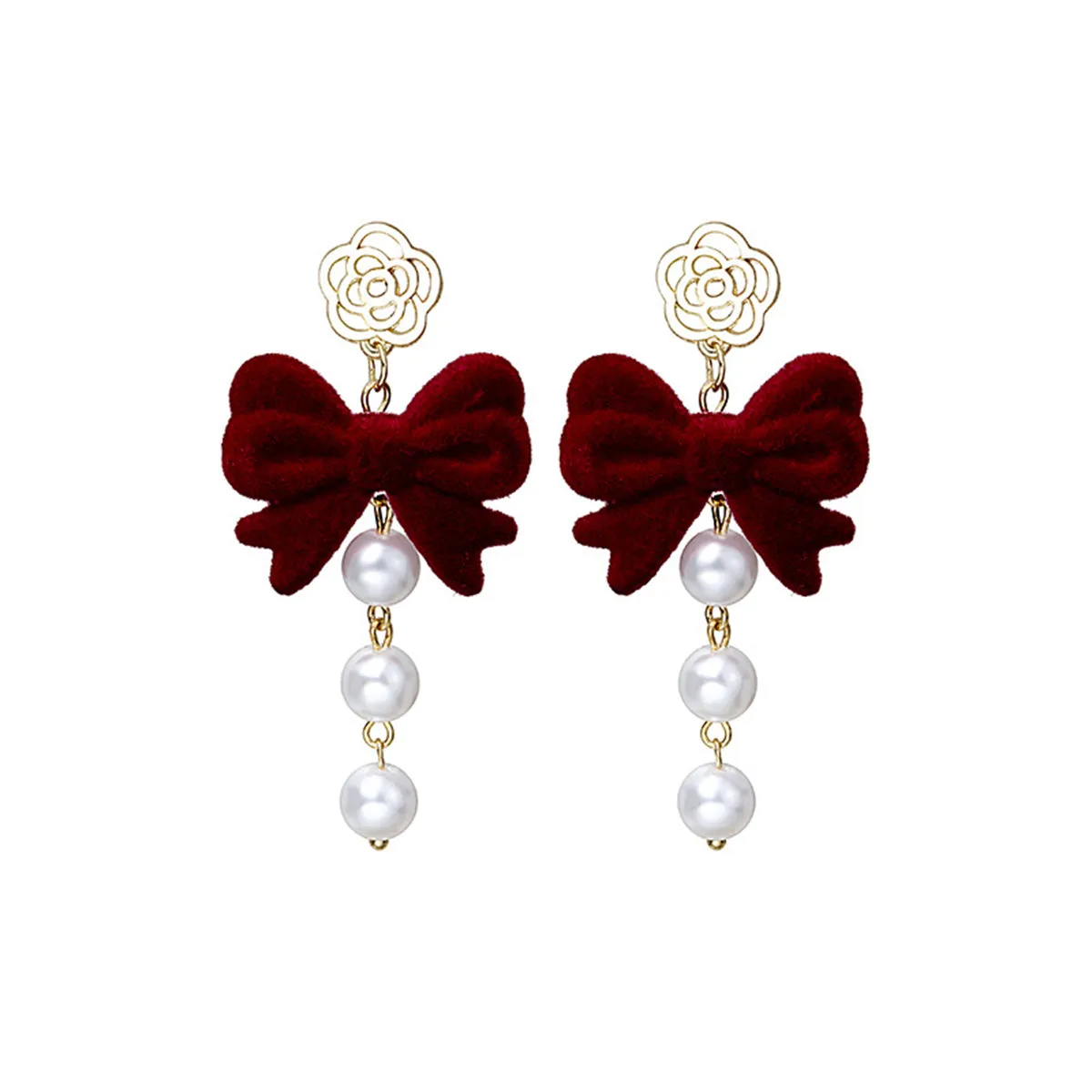 Red & Pearl 18K Gold-Plated Flower Bow Drop Earrings