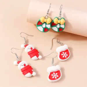 Red & Silver-Plated Bow Snowman Stocking Drop Earrings Set