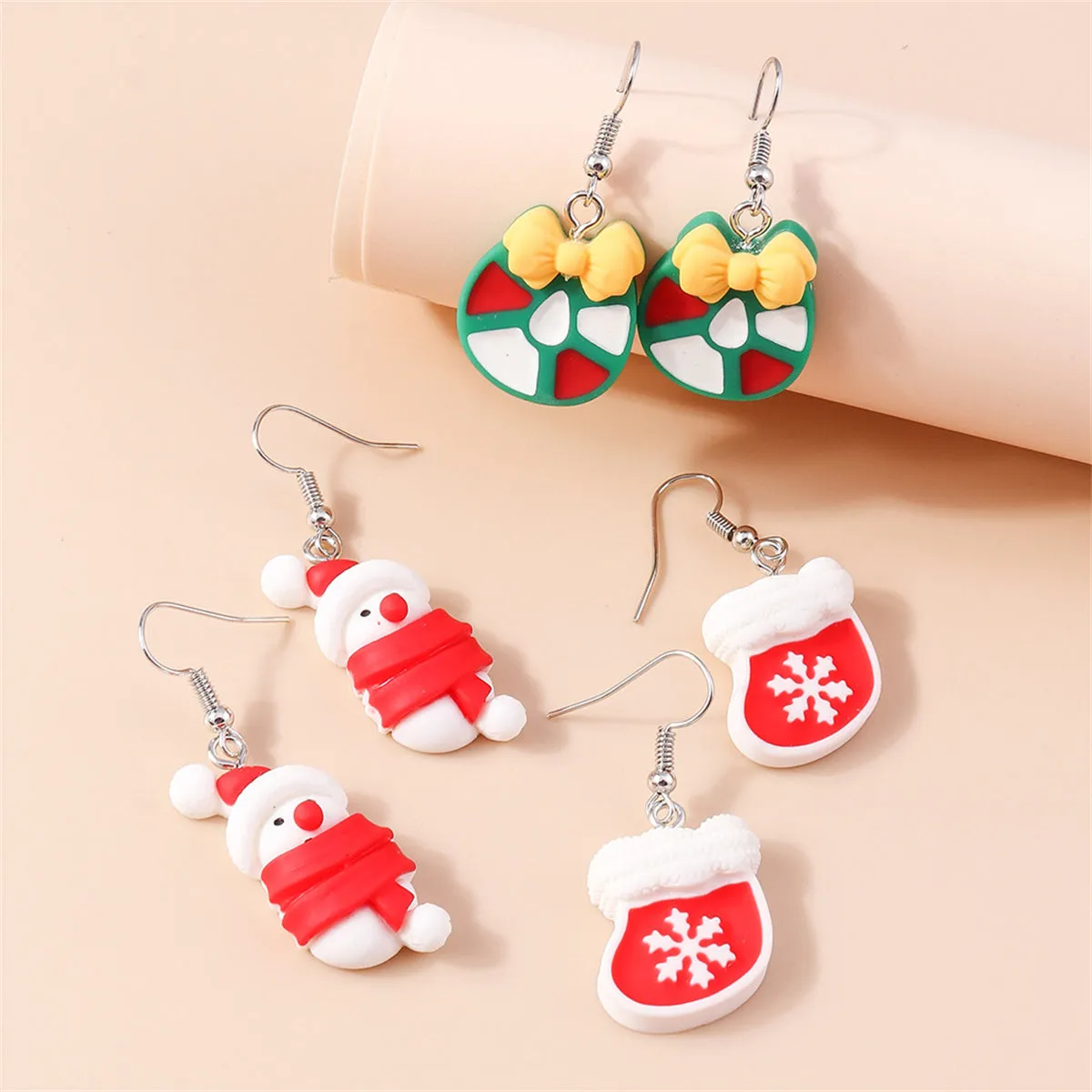 Red & Silver-Plated Bow Snowman Stocking Drop Earrings Set