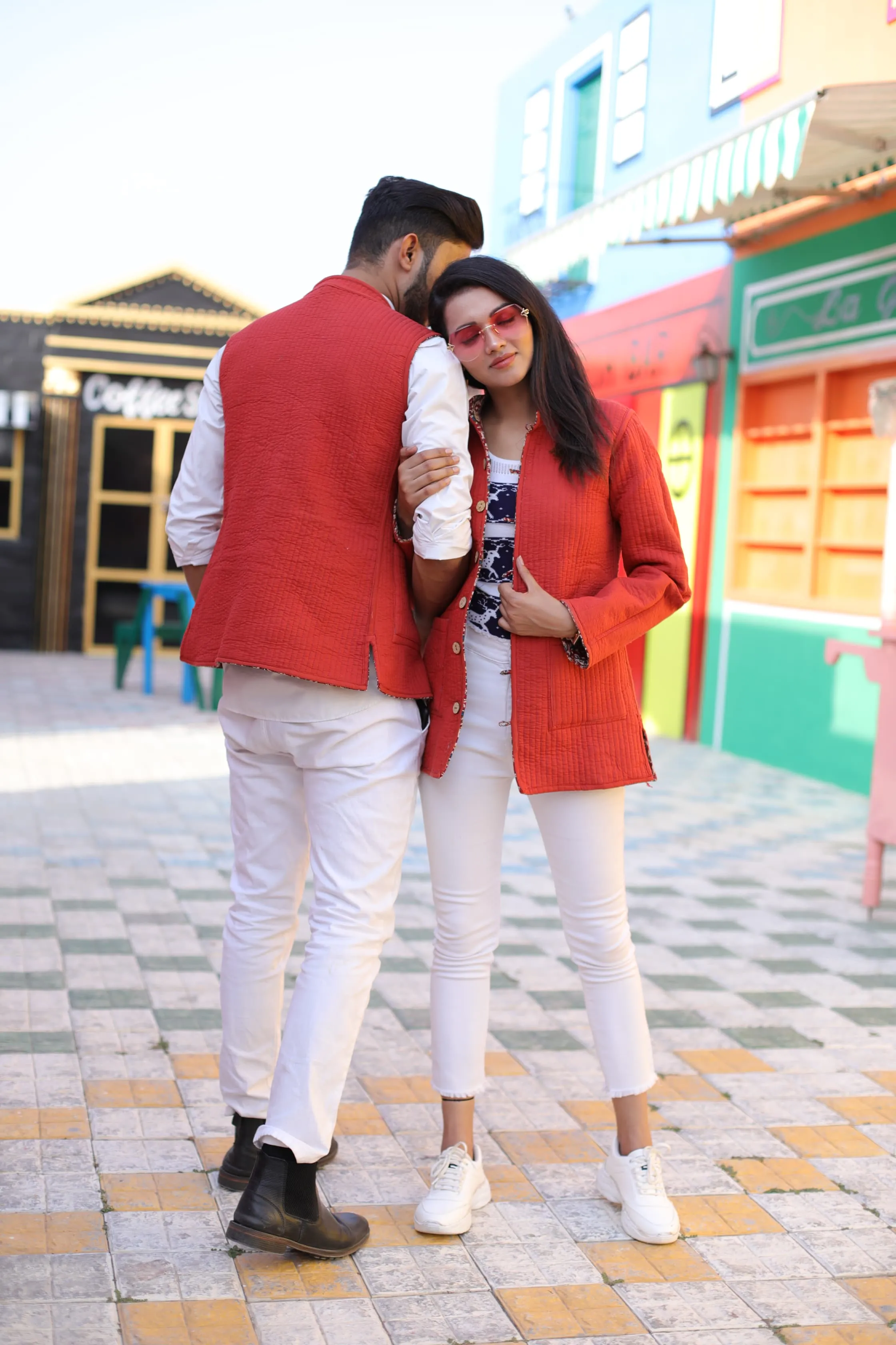 Red Color Twinning Couple Pure Cotton Bagru Print Quilted Reversible Jackets