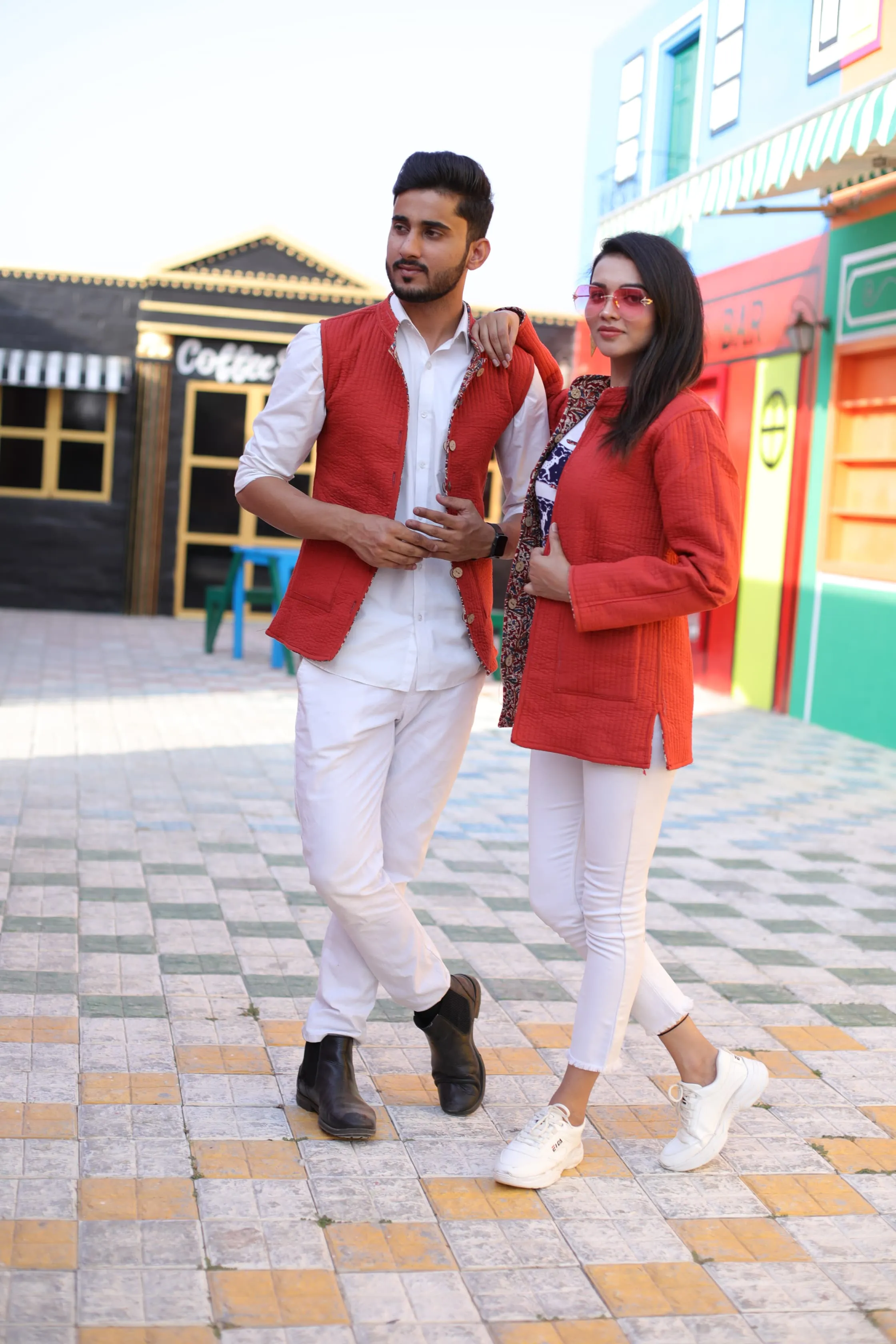 Red Color Twinning Couple Pure Cotton Bagru Print Quilted Reversible Jackets