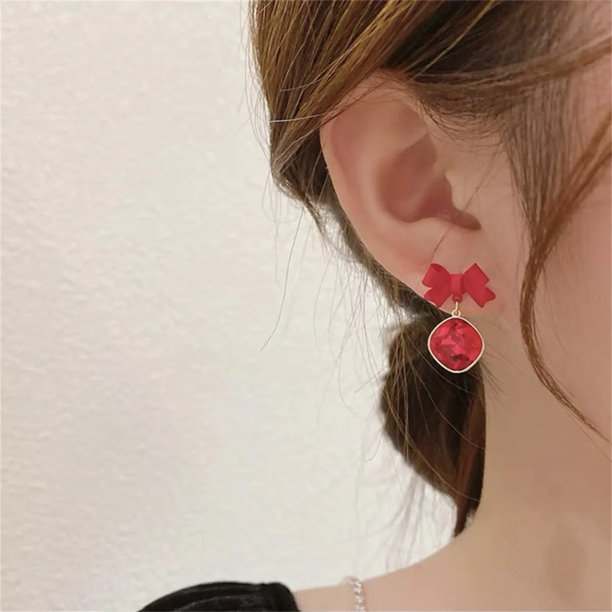 Red Crystal & 18K Gold-Plated Bow Diamond Drop Earrings