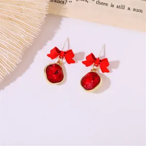 Red Crystal & 18K Gold-Plated Bow Diamond Drop Earrings