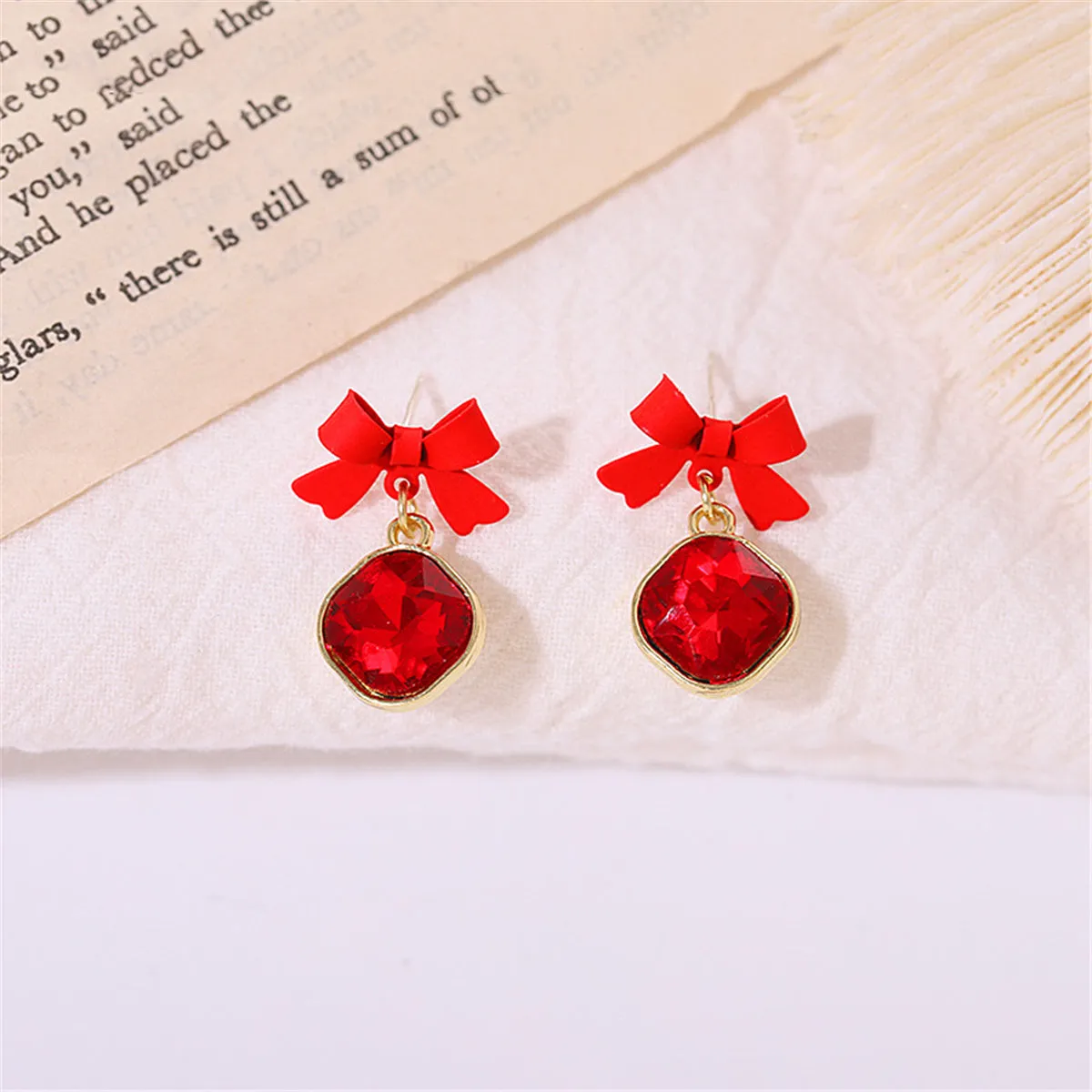 Red Crystal & 18K Gold-Plated Bow Diamond Drop Earrings