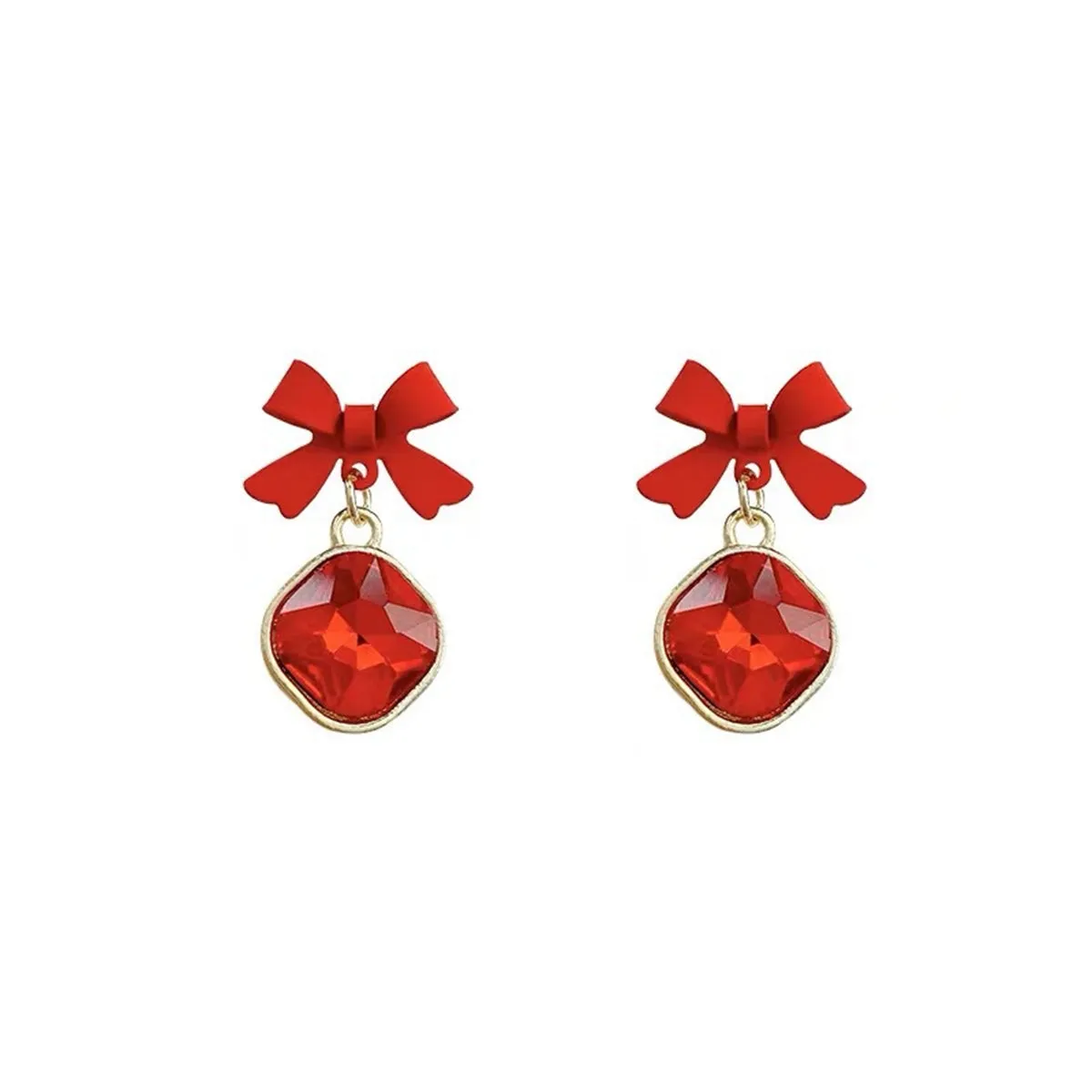 Red Crystal & 18K Gold-Plated Bow Diamond Drop Earrings