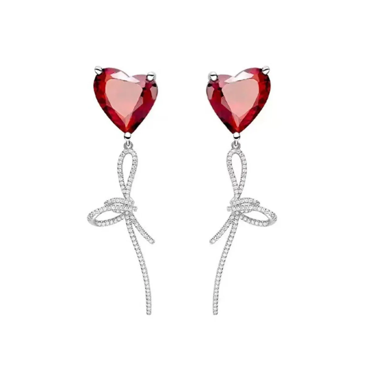 Red Crystal & Cubic Zirconia Silver-Plated Heart Bow Drop Earrings