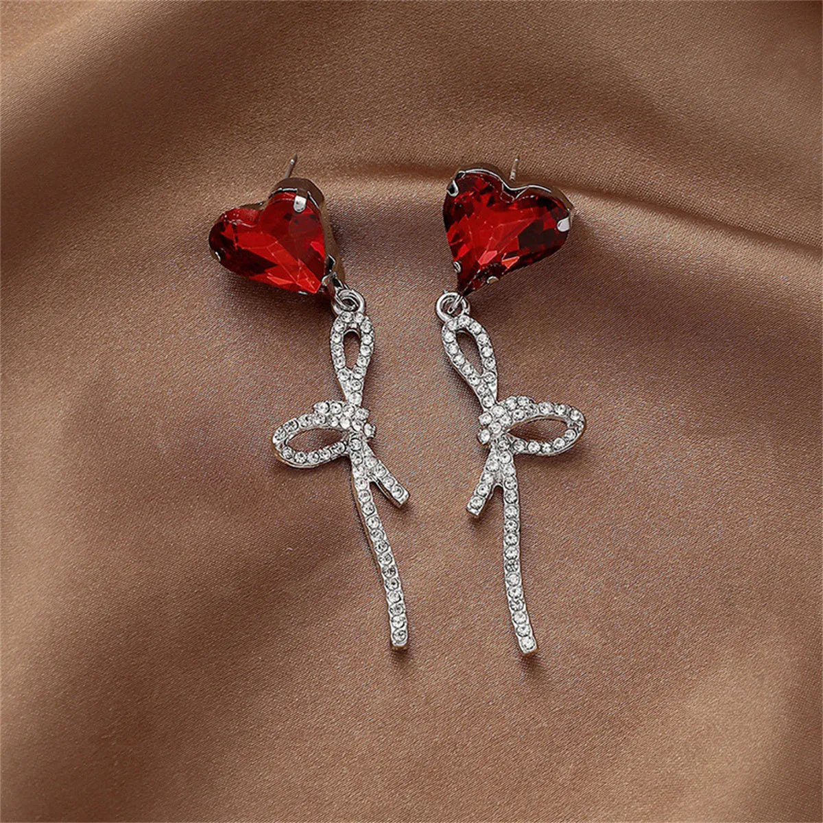 Red Crystal & Cubic Zirconia Silver-Plated Heart Bow Drop Earrings