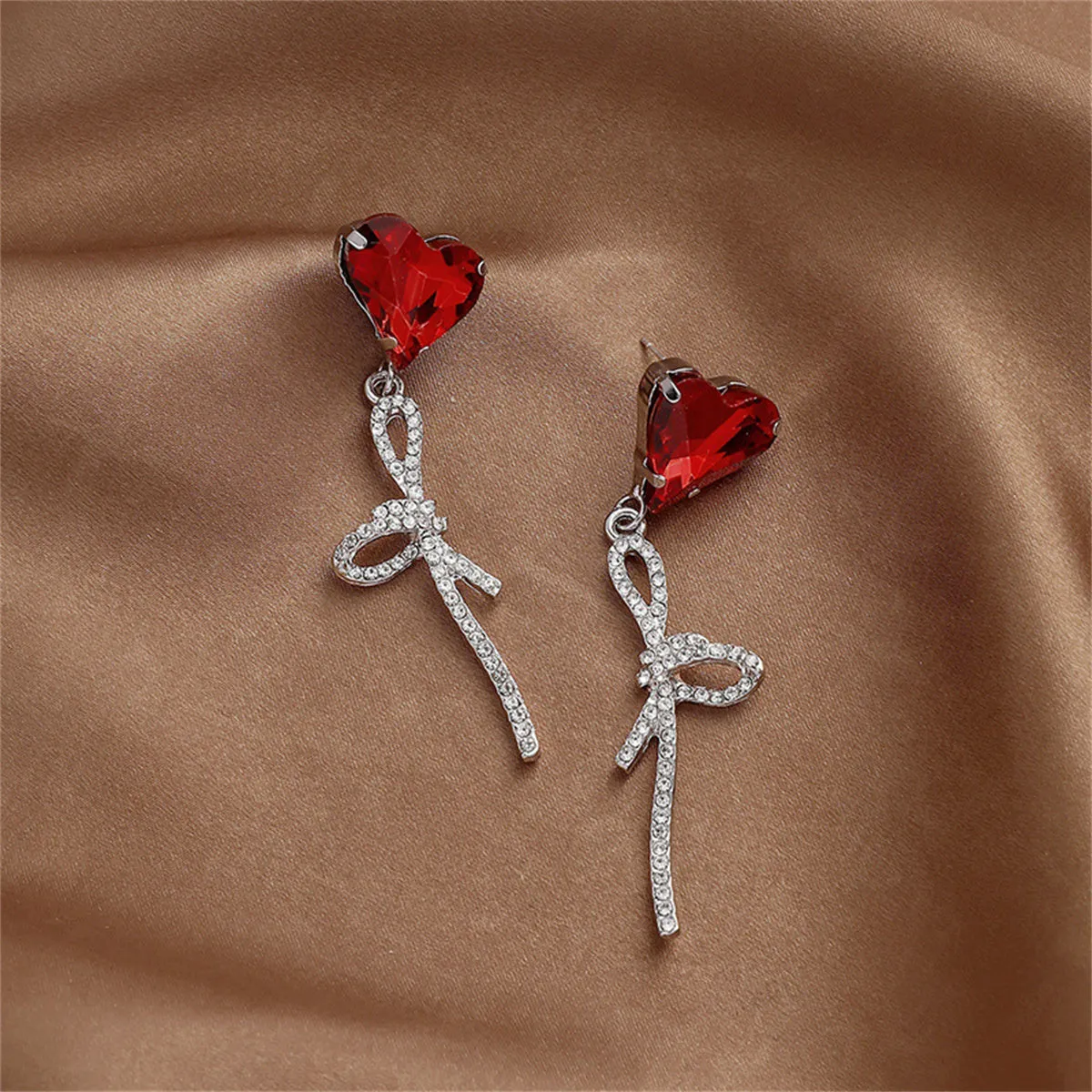 Red Crystal & Cubic Zirconia Silver-Plated Heart Bow Drop Earrings