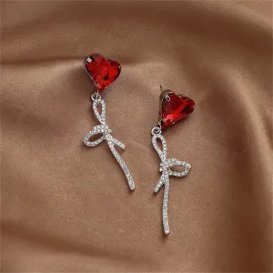 Red Crystal & Cubic Zirconia Silver-Plated Heart Bow Drop Earrings