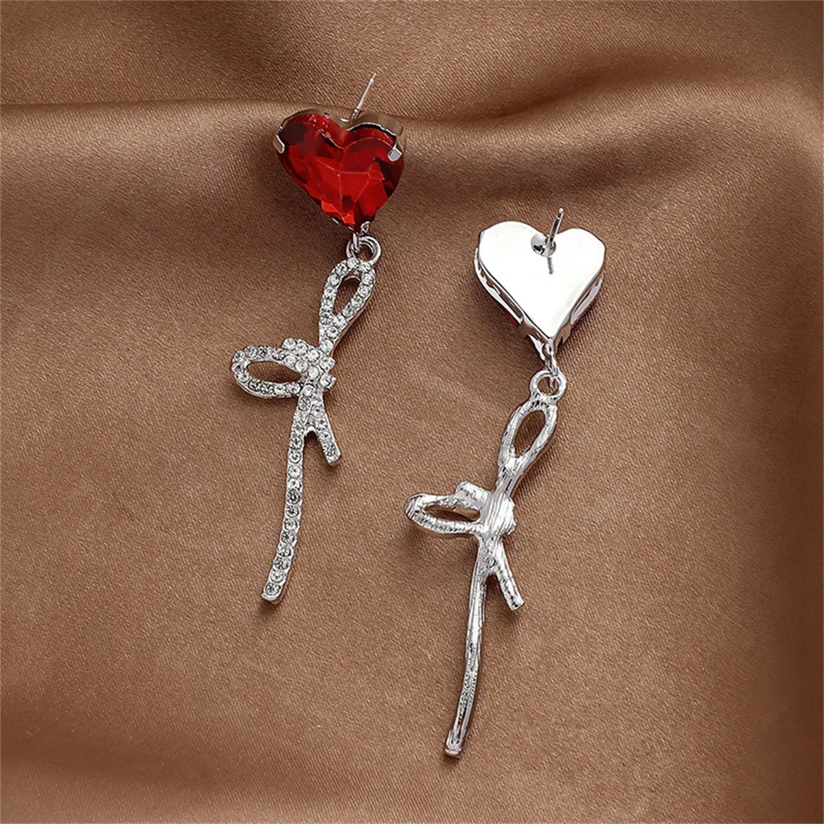 Red Crystal & Cubic Zirconia Silver-Plated Heart Bow Drop Earrings