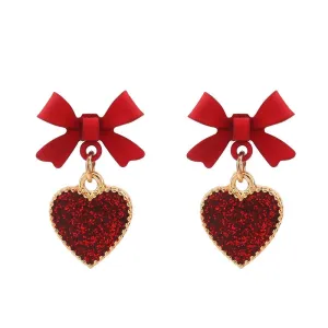 Red Enamel & 18K Gold-Plated Bow Heart Drop Earrings