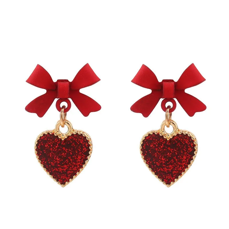 Red Enamel & 18K Gold-Plated Bow Heart Drop Earrings