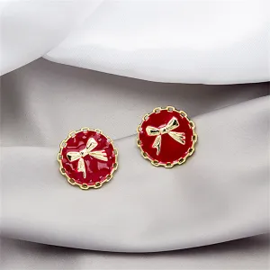 Red Enamel & 18K Gold-Plated Bow Round Stud Earring