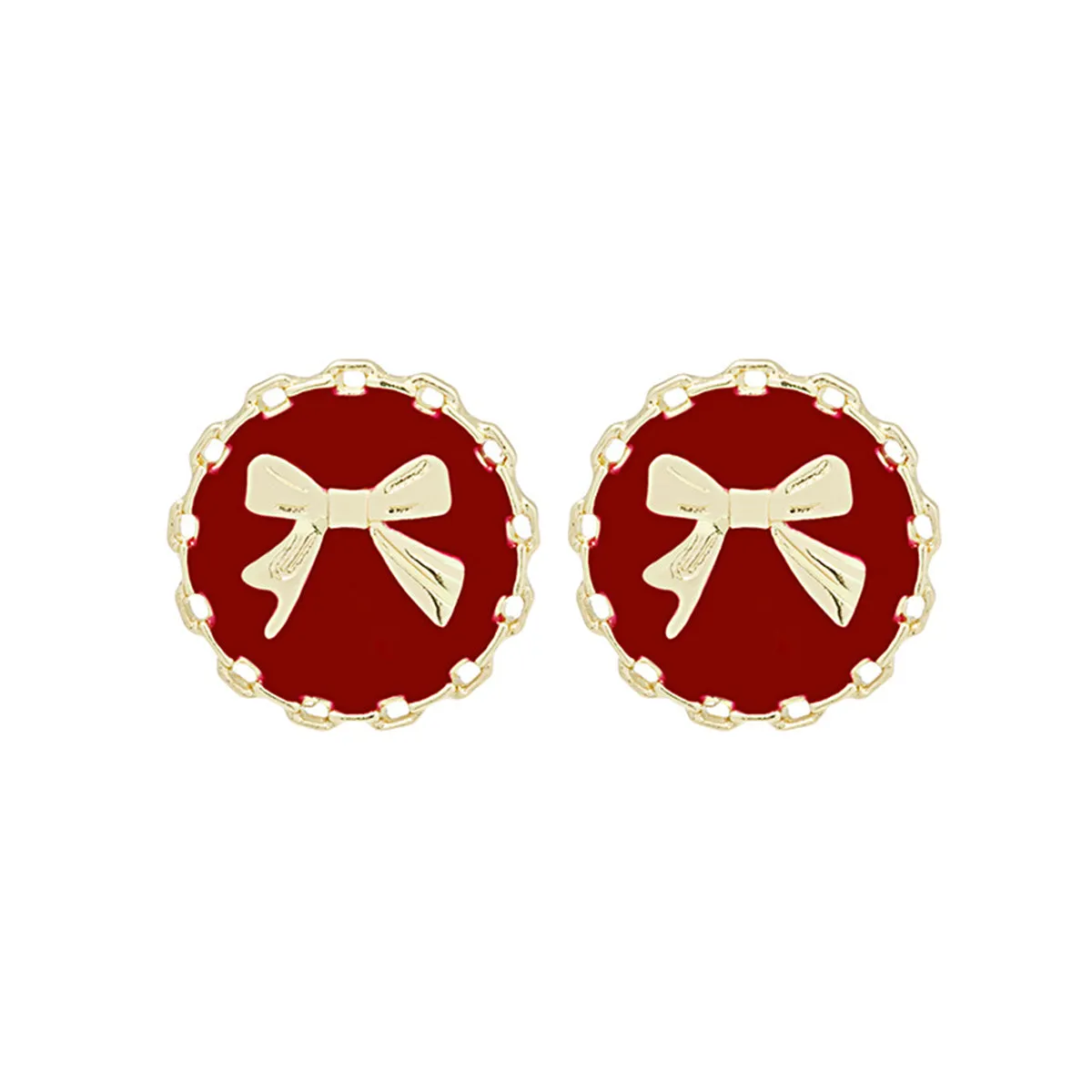 Red Enamel & 18K Gold-Plated Bow Round Stud Earring