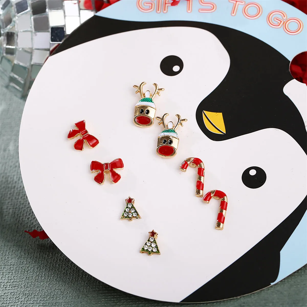 Red Enamel & Cubic Zirconia Reindeer Christmas Tree Stud Earrings Set