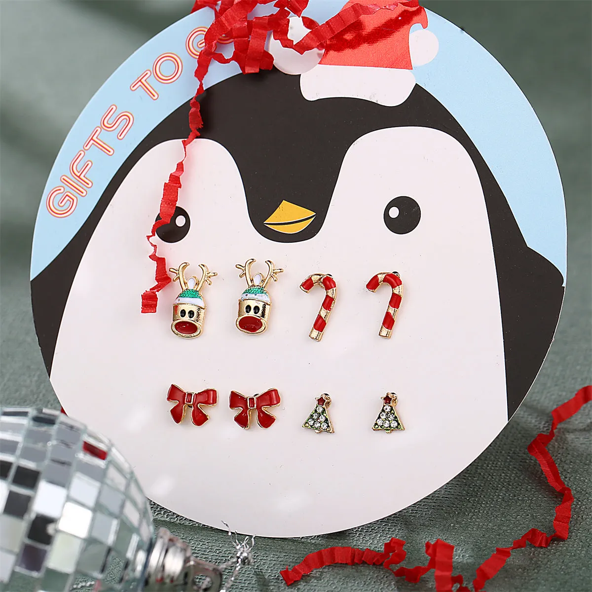 Red Enamel & Cubic Zirconia Reindeer Christmas Tree Stud Earrings Set