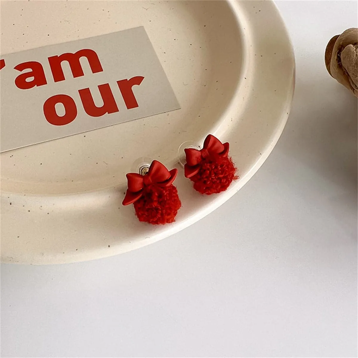 Red Enamel & Pom-Pom Bow Ball Stud Earrings