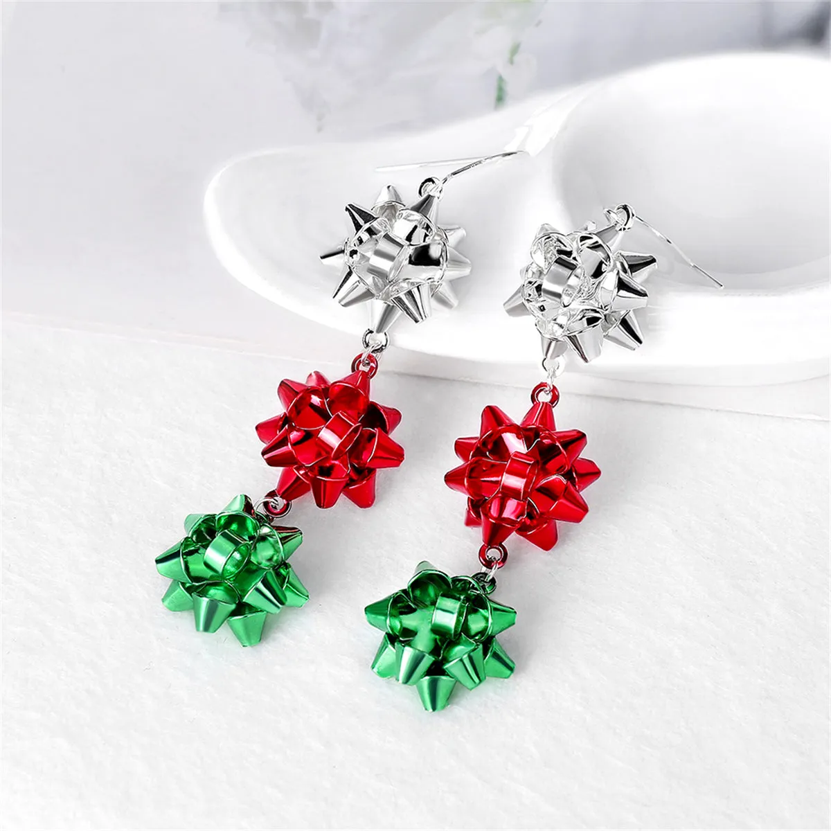 Red Enamel & Silver-Plated Gift Bow Drop Earrings