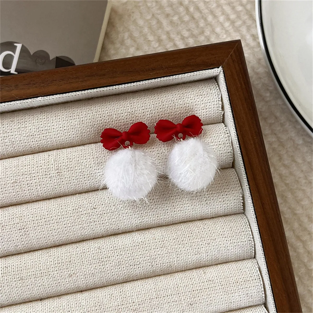Red Enamel & White Pom-Pom Bow Drop Earrings