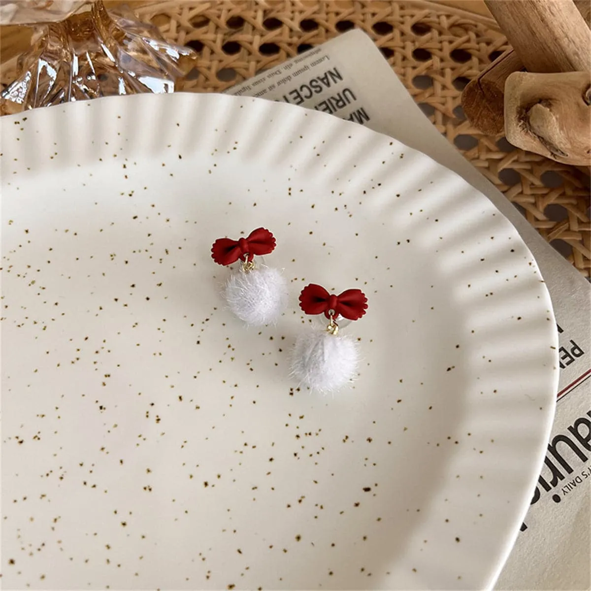 Red Enamel & White Pom-Pom Bow Drop Earrings