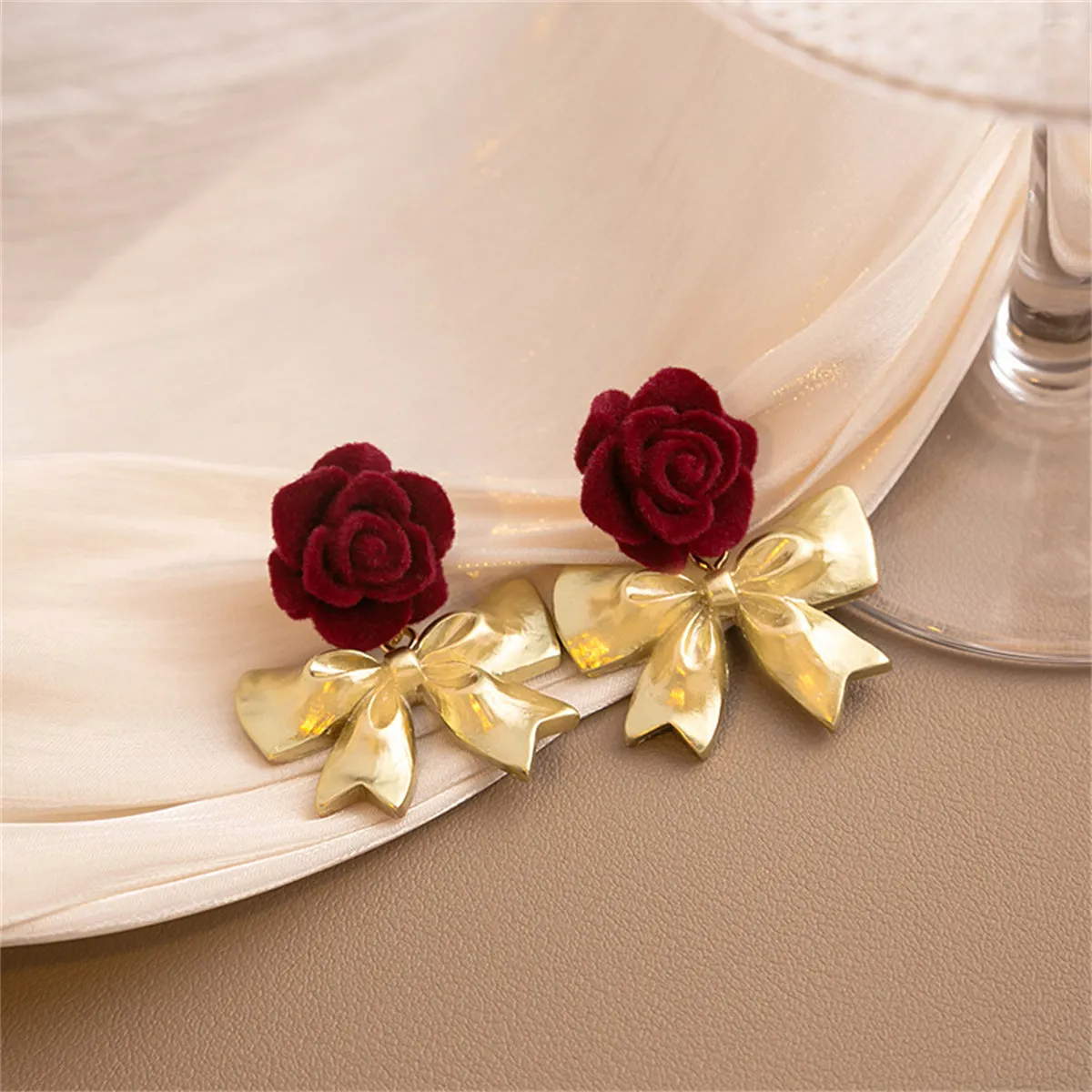 Red Nylon & 18K Gold-Plated Rose Bow Drop Earrings
